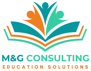 M&G Consulting Education Solutions full logo with name and image of a book with happy children jumping out of it.